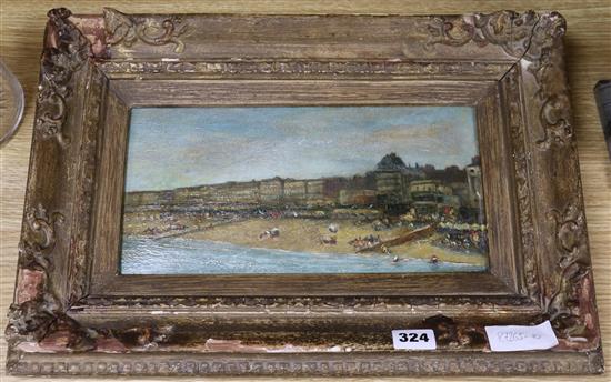 English School c.1900, oil on board, seafront view, 6 x 12in.